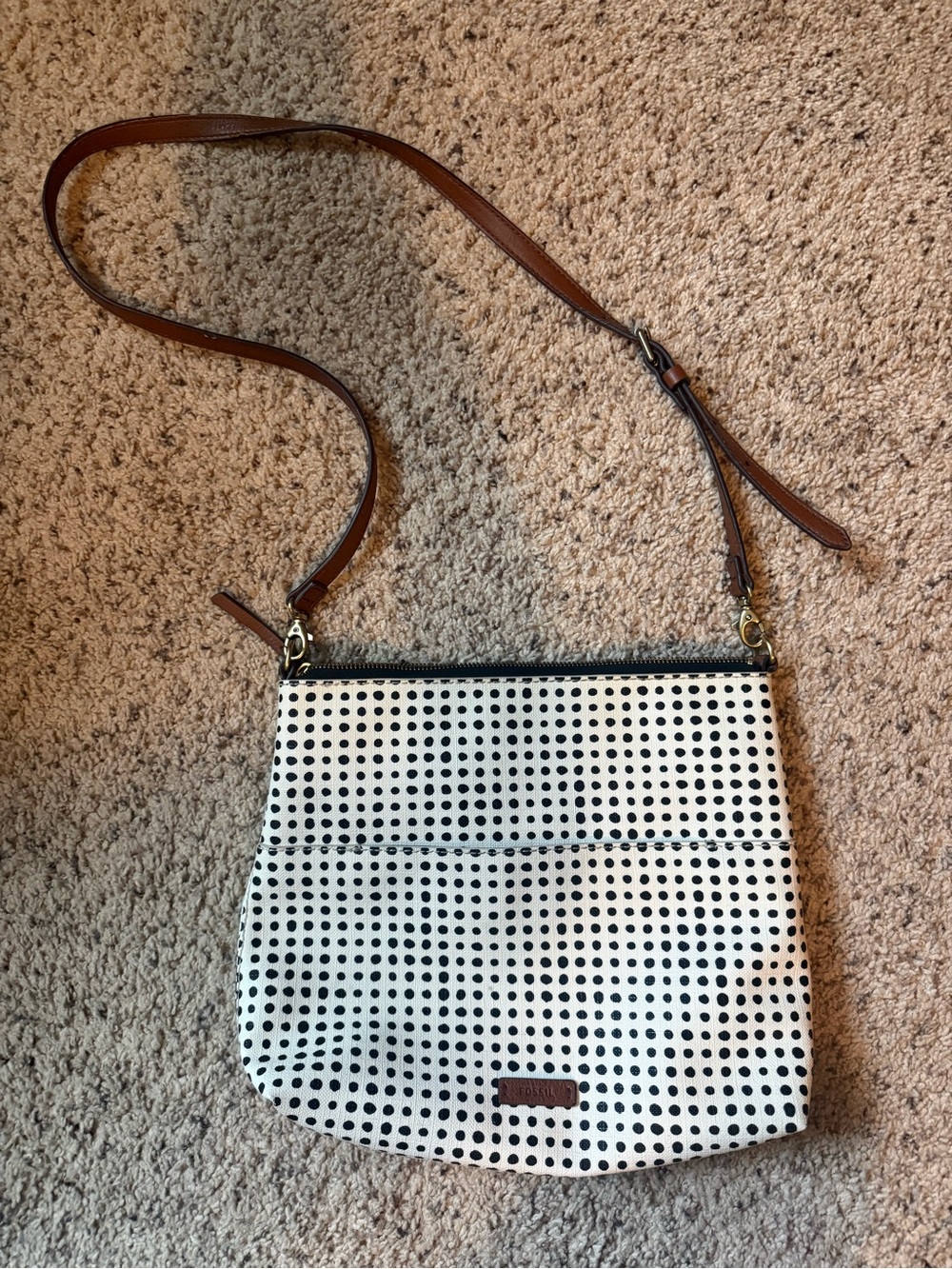 Fossil White & Black Polka Dot Canvas Crossbody Bag Leather Trim